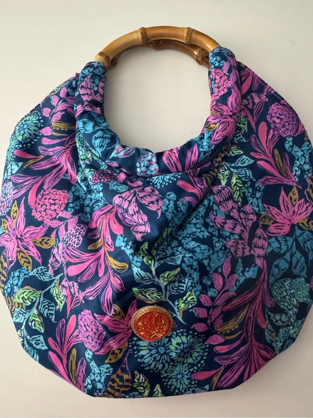 Lilly Pulitzer Calypso Coast Aegean Navy Bamboo Handle Bag NWOT